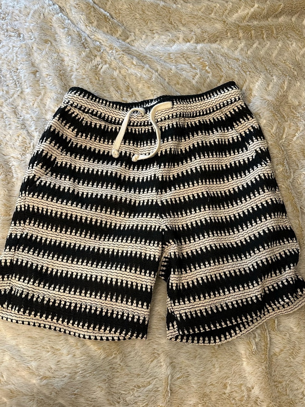 Men's Black and White Striped Crochet Swim Shorts